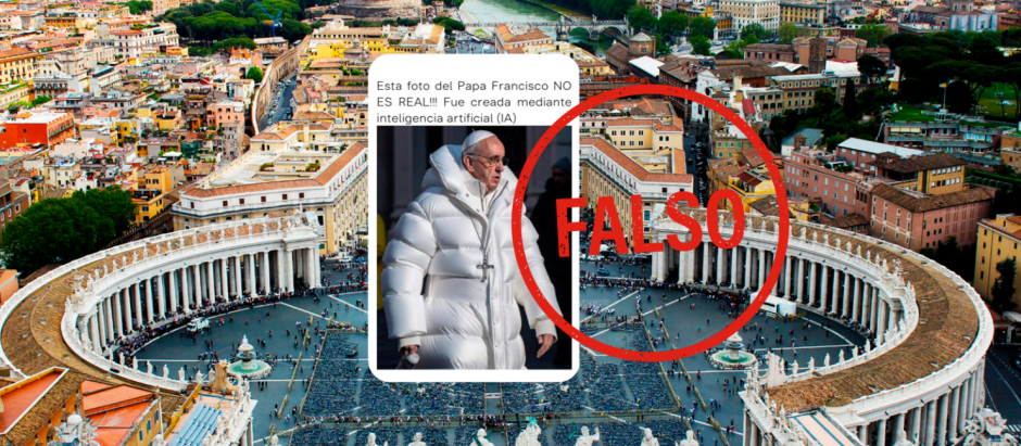La imagen del Papa con un abrigo blanco y un café para llevar es un montaje