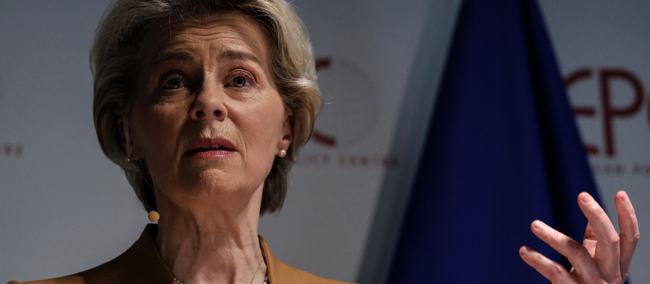 President of the European Commission Ursula von der Leyen delivers a keynote address on EU-China relations dubbed "De-risking, not de-coupling Europe and China at this watershed moment" at the European Policy Centre (EPC) in Brussels, Belgium, on March 30, 2023. (Photo by Valeria Mongelli / AFP)