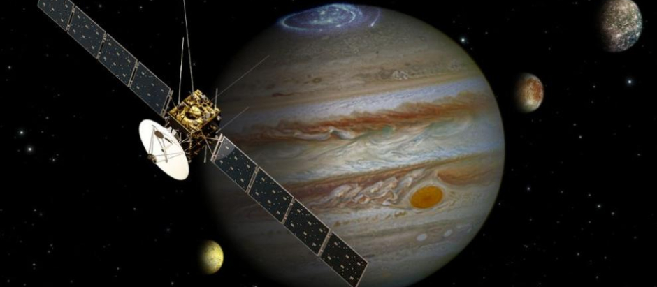Recreación de la sonda Juice sobrevolando Júpiter y sus lunas heladas
