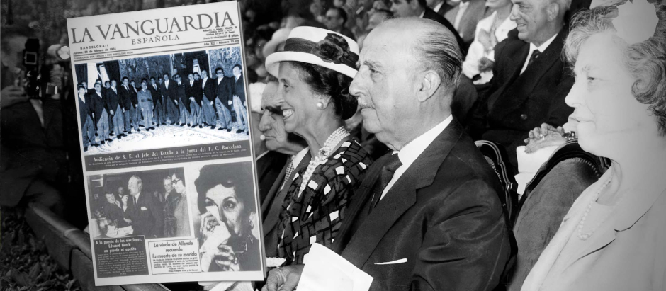 Franco, en el palco del Camp Nou en 1963. A la izquierda, portada de La Vanguardia de 1974