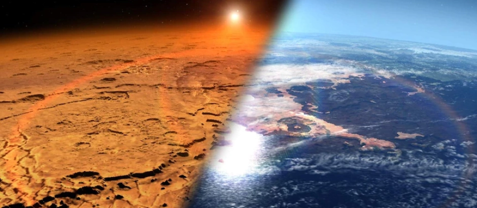 Comparación entre el Marte actual (i.) y una recreación informática de cómo sería el de hace millones de años (d.)