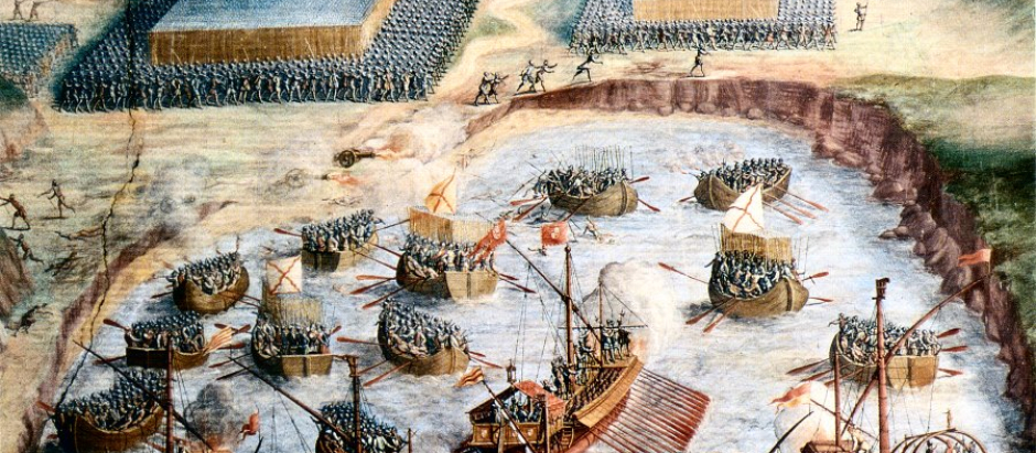 Desembarco de tercios españoles en la batalla de la isla Terceira, en las islas Azores, fresco de Niccolò Granello en la Sala de las batallas del monasterio de El Escorial