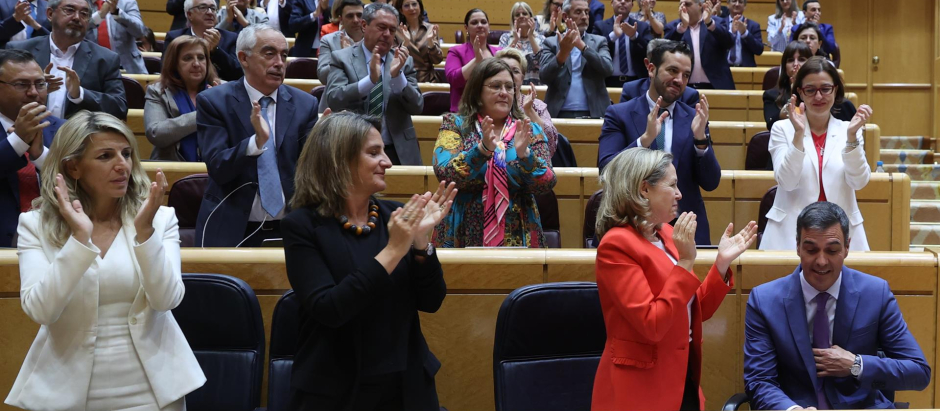 El presidente del Gobierno, Pedro Sánchez (d), recibe un aplauso de la bancada socialista