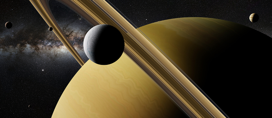 Recreación de Saturno junto a algunas de sus lunas