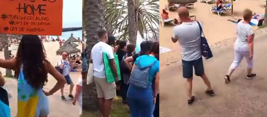Manifestantes increpan a los turistas que pasean por la playa del Camisón, en el sur de Tenerife