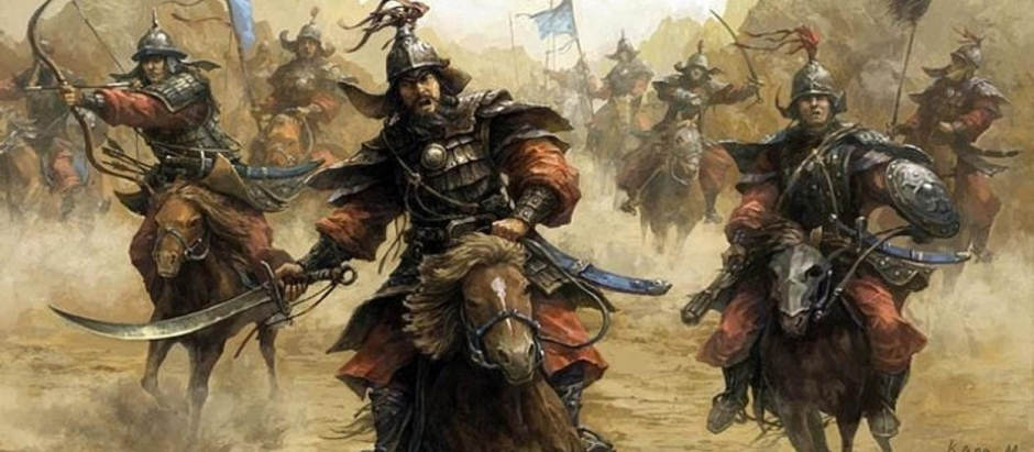 Representación de jinetes mongoles en plena batalla