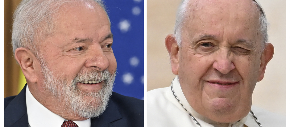 (COMBO) This combination of pictures created on May 31, 2023 shows Brazilian President Luiz Inacio Lula da Silva (L) smiling during a meeting to discuss measures to increase security in schools and prevent attacks, at the Planalto Palace in Brasilia on April 18, 2023, and Pope Francis winking as he leaves after the weekly general audience at St. Peter's square in The Vatican on May 17, 2023. President Luiz Inacio Lula da Silva on May 31, 2023 invited the head of the Catholic Church Pope Francis to visit Brazil in a phone call conversation about defending peace in Ukraine and the fight against poverty. (Photo by Evaristo SA and Andreas SOLARO / AFP)