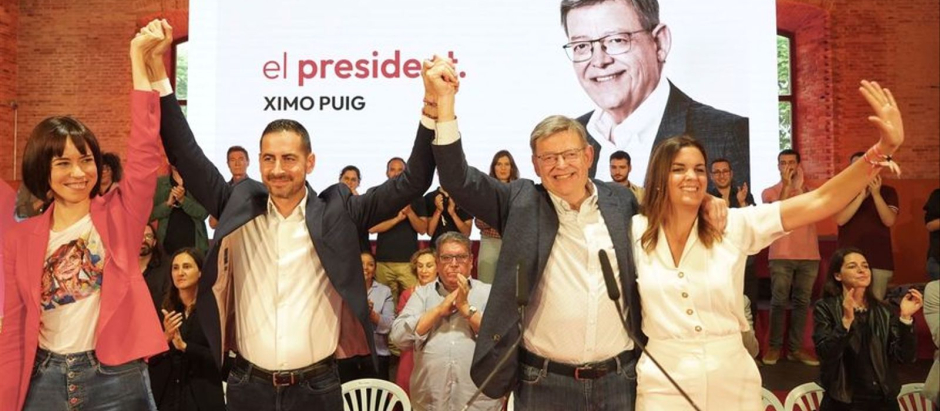 Ximo Puig, junto a Sandra Gómez, Carlos Martínez Bielsa y Diana Morant en un mitin del PSPV-PSOE.