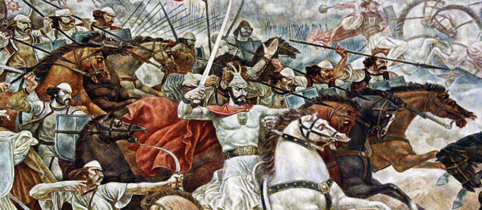 Skanderbeg lucha contra los otomanos. Detalle del muro conmemorativo del Museo Nacional Skanderbeg de Krujë