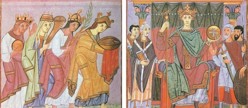El Emperador rodeado de los príncipes del Imperio y los obispos; a su izquierda, las 4 naciones (Eslavonia , Germania , Galia y Roma)