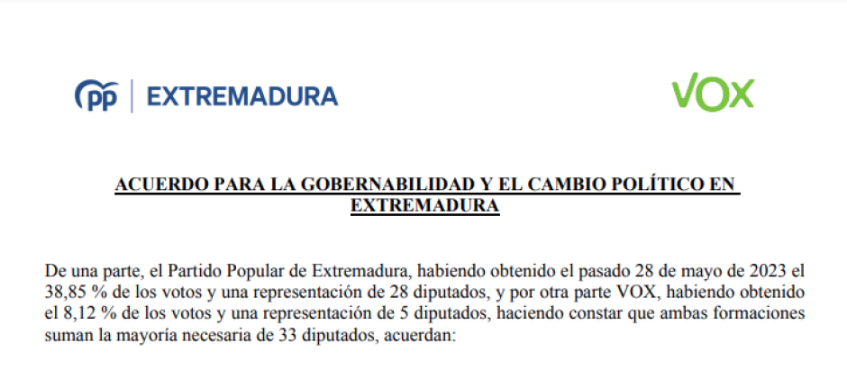 Acuerdo entre el PP y Vox en Extremadura