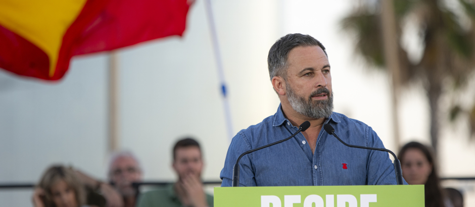 El líder de Vox, Santiago Abascal, durante un acto de precampaña electoral de su partido