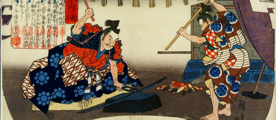 Masamune forja una katana con un ayudante (Ukiyo-e, siglos XVIII-XIX)
