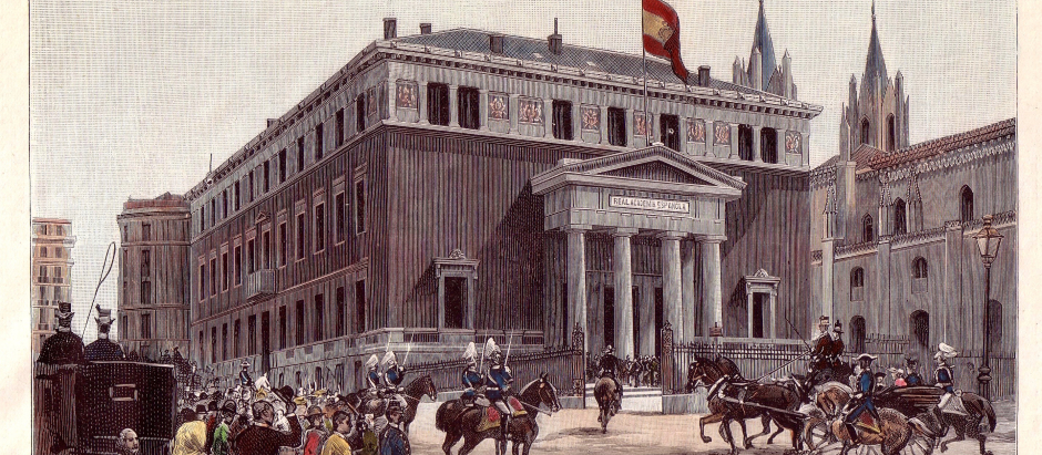 Inauguración del actual edificio de la Real Academia Española, 1894, en La Ilustración Española y Americana, dibujo de Juan Comba