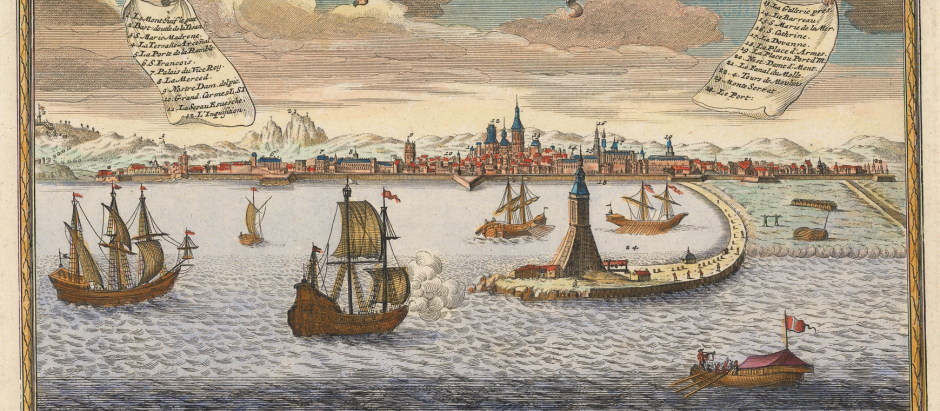 Puerto de Barcelona, grabado de Joseph Friedrich Leopold (c. 1720)