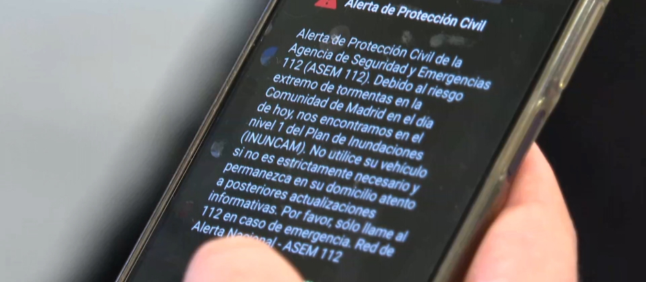 El mensaje recibido en el móvil alertando de la DANA en la Comunidad de Madrid