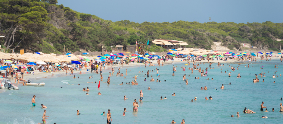 Varias personas se bañan en la playa de Ses Salines