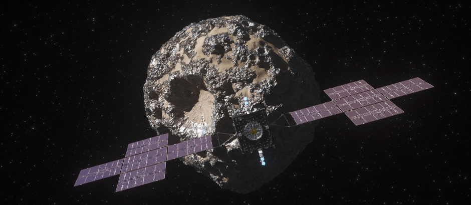 La nave Psyche de la NASA acercándose al asteroide homónimo
