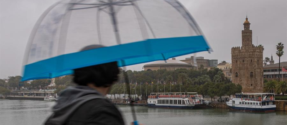 Un hombre se protege con paraguas y chubasquero de la lluvia y el viento mientras camina frente a la Torre del Oro en Sevilla