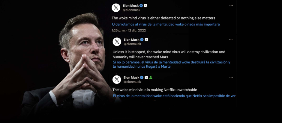 Montaje de Elon Musk con algunos de los tuits en los que ha cargado contra la corriente woke