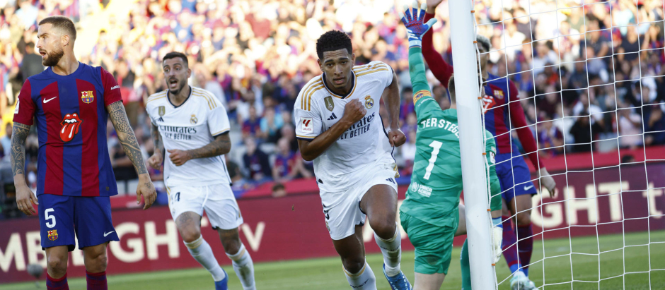 El momento del segundo gol de Bellingham, el tanto que dio la victoria al Real Madrid en Montjuic