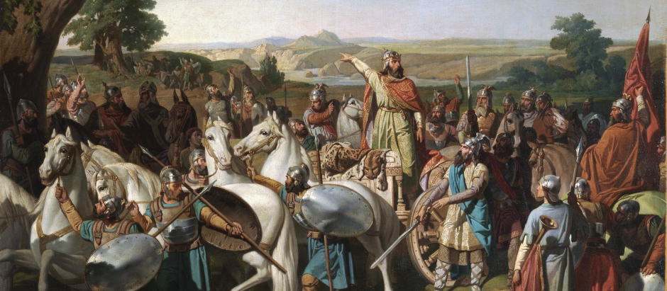 El rey Don Rodrigo arengando a sus tropas en la batalla de Guadalete, obra de Bernardo Blanco