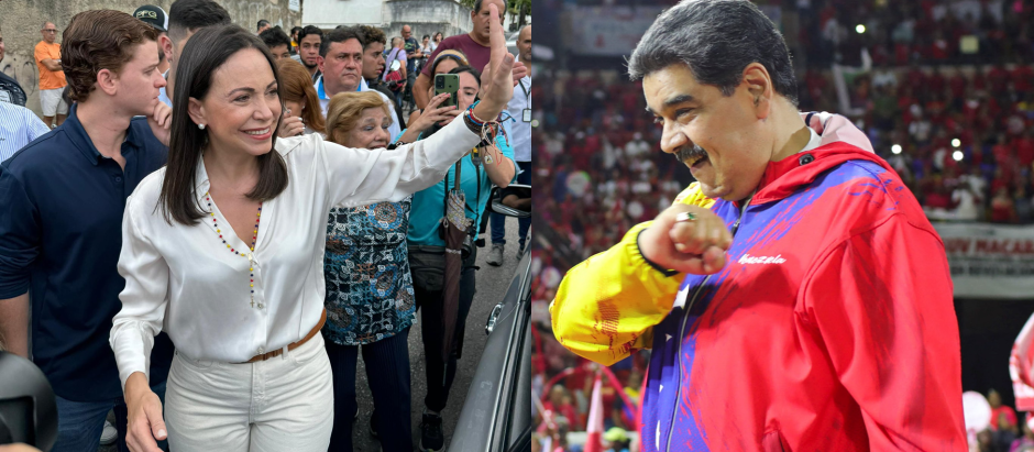 María Corina Machado, candidata de la oposición venezolana y el dictador Nicolás Maduro