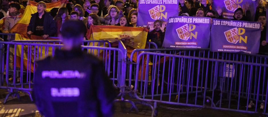 Varias personas muestran banderas de España y carteles de Democracia Nacional