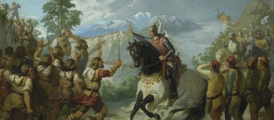 Pedro III de Aragón el Grande con sus almogávares en la Batalla del Collado de las Panizas, 1866, por Bartomeu Ribó Térriz
