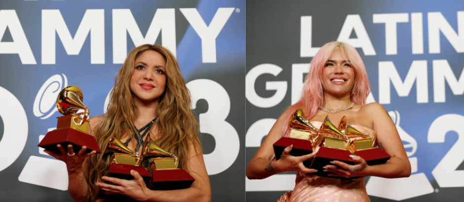 Las artistas Shakira y Karol G tras recoger sus premios en Sevilla