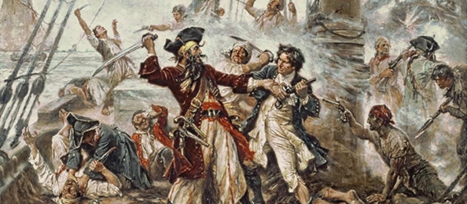 Barbanegra luchando contra el teniente Maynard en el apogeo de la Edad de Oro de la piratería