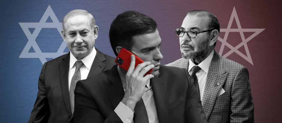 Un montaje de Sánchez, el rey Mohamed VI y el primer ministro Netanyahu