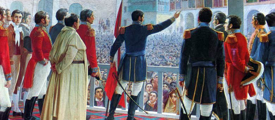 San Martín proclama la independencia del Perú el 28 de julio de 1821, en Lima, Perú