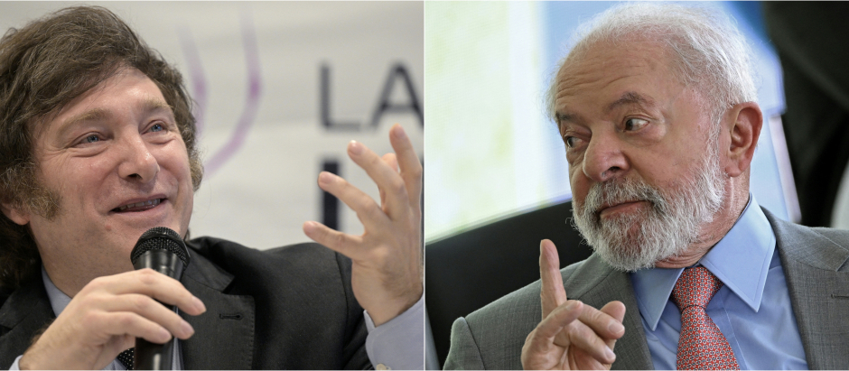 (FILES) (COMBO) This combination of file pictures created on November 20, 2023 shows the then presidential candidate for La Libertad Avanza party Javier Milei (L) during a press conference in Buenos Aires on October 11, 2023, and Brazilian President Luiz Inacio Lula da Silva during the launch of the "Energy Transition: Fuel for the Future" project at the Planalto Palace in Brasilia on September 14, 2023. Brazilian President Luiz Inacio Lula da Silva will not attend the December 10 inauguration of Javier Milei in Argentina, the Brazilian presidency reaffirmed on December 5, 2023, despite the ultra-liberal's attempts at rapprochement in recent weeks. During his campaign, Milei called Brazil's President Luiz Inacio Lula da Silva "corrupt" and a "communist".  The Brazilian president will be represented by his foreign minister, Mauro Vieira,