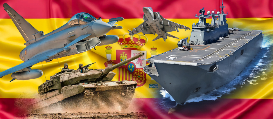 Ilustración con algunos de los medios militares españoles con el fondo de la bandera de España