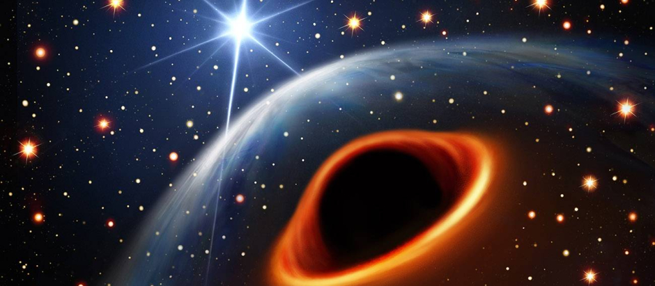 Ilustración del sistema binario suponiendo que el objeto compacto descubierto sea un agujero negro, junto al púlsar de radio PSR J0514-4002