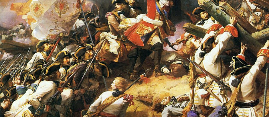 El mariscal Villars liderando la carga francesa durante la batalla de Denain. Óleo de Jean Alaux (1839)