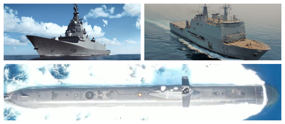 Simulación de la fragata F-110, buque anfibio Galicia (L-51) y submarino S-81