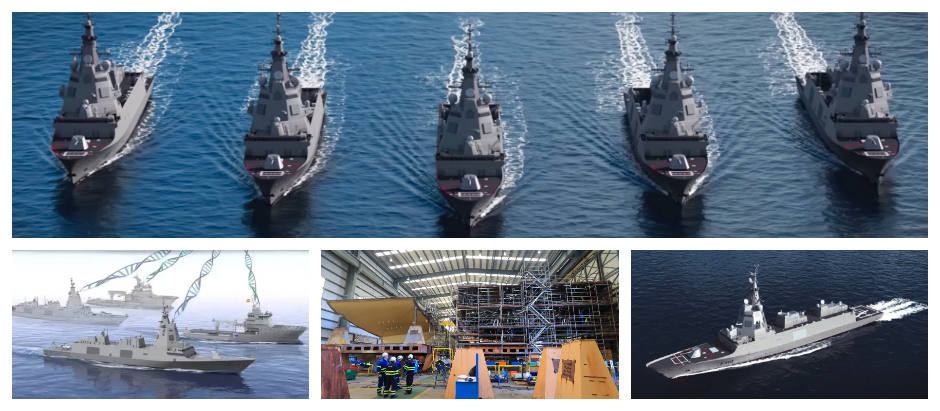 Varias simulaciones de las fragatas de la serie F-100 y un detalle de la construcción en el astillero de Navantia en Ferrol