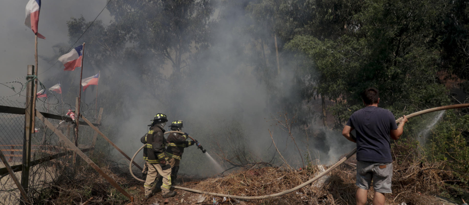 Personas combaten el fuego junto a bomberos en la zona de Las Palmas, durante los incendios forestales que afectan a Viña del Mar hoy, Región de Valparaiso (Chile). Los incendios en la región central de Valparaíso han causado por lo menos 19 muertos