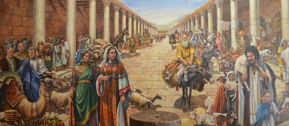 Reconstrucción artística de la vida en un mercado romano de Jerusalén