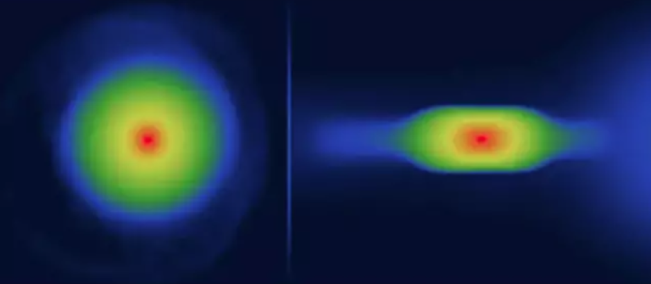 Planeta simulado visto desde arriba (izquierda) y desde un lado (derecha)