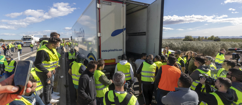 Varios agricultores del campo de Cartagena integrantes de la Plataforma 6F comprueban la procedencia de los limones que transporta un camión