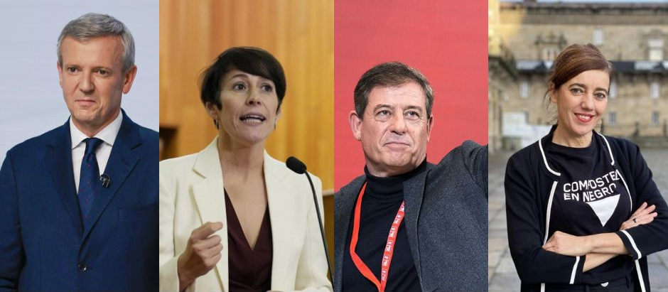 Alfonso Rueda (PP), Ana Pontón (BNG), José Ramón Gómez Besteiro (PSOE) y Marta Lois (Sumar)
