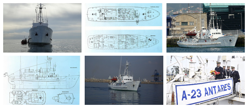 Imágenes y planos del histórico buque Antares. La última imagen corresponde a su despedida, este viernes
