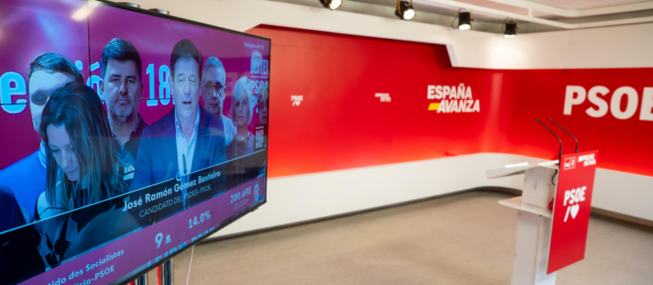 Vista de la sede del PSOE en Madrid durante la comparecencia del candidato a la presidencia de la Xunta de Galicia José Ramón Gómez Besteiro