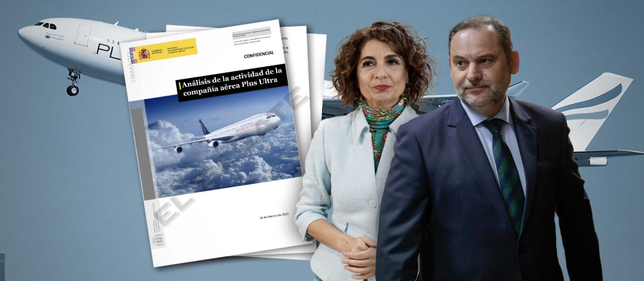 Montaje de la vicepresidenta María Jesús Montero y del exministro José Luís Ábalos con un avión de Plus Ultra
