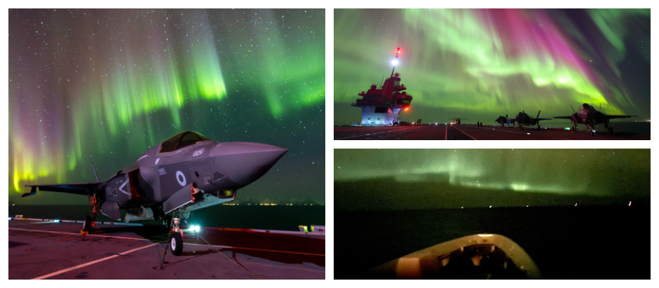 Una impresionante aurora boreal desde el portaaviones HMS Prince of Wales y la fragata F-105 Cristóbal Colón