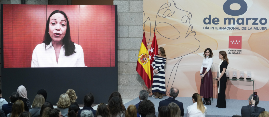 María Corina Machado durante su intervención en el acto de la Comunidad de Madrid