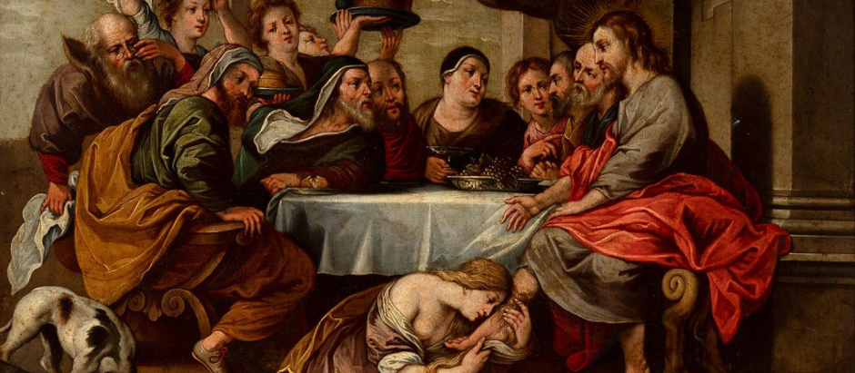 Unción de Jesús en Betania. Escuela española, siglo XVII. Según Rubens